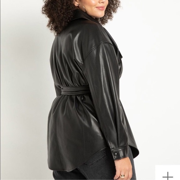Eloquii Black Faux Vegan Leather Button Down Belted Shacket Size 24 - Picture 12 of 12